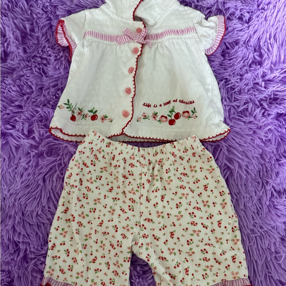 Charming Cherry Kids Pajama Set - White and Pink - Size 0-3 months - Preloved